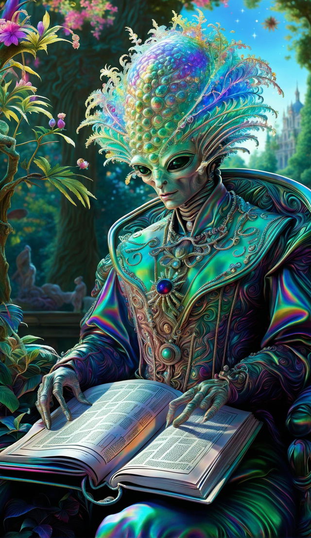 An iridescent alien in Baroque attire reading a book under the shade of a tree in a grand palace garden under a vibrant alien sky.