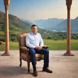 3D image of a man sitting on a chair with a picturesque background. The name 'Sudis Khan' should be elegantly inscribed on the charming backdrop.