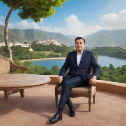 3D image of a man sitting on a chair with a picturesque background. The name 'Sudis Khan' should be elegantly inscribed on the charming backdrop.