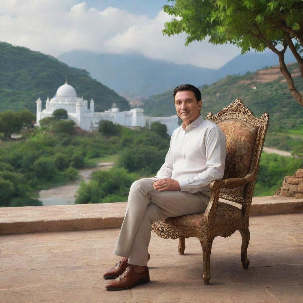 3D image of a man sitting on a chair with a picturesque background. The name 'Sudis Khan' should be elegantly inscribed on the charming backdrop.