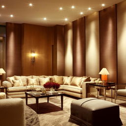 Exquisite modern living room interior with luxurious furnishings, ambient lighting, and elegant decor.