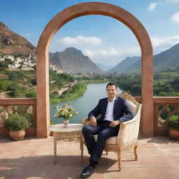 3D image of a man sitting on a chair with a picturesque background. The name 'Sudis Khan' should be elegantly inscribed on the charming backdrop.