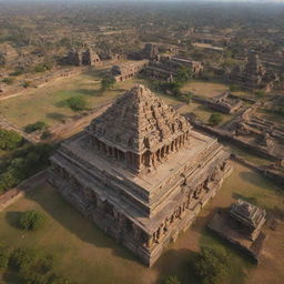 Generate an emotive still image presenting an aerial view of the Kingdom of Hampi, richly detailed, showcasing significant landmarks and capturing the overall majesty of the city.