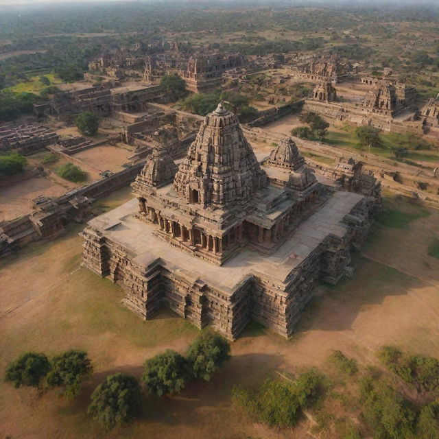 Generate an emotive still image presenting an aerial view of the Kingdom of Hampi, richly detailed, showcasing significant landmarks and capturing the overall majesty of the city.