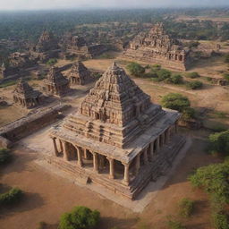 Generate an emotive still image presenting an aerial view of the Kingdom of Hampi, richly detailed, showcasing significant landmarks and capturing the overall majesty of the city.