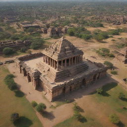 Generate an emotive still image presenting an aerial view of the Kingdom of Hampi, richly detailed, showcasing significant landmarks and capturing the overall majesty of the city.