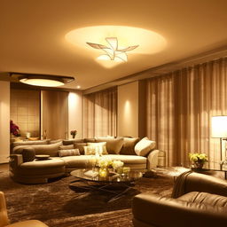 Exquisite modern living room interior with luxurious furnishings, ambient lighting, and elegant decor.