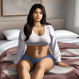 A high-quality digital art image of Mercedes Carrera sitting on a bed