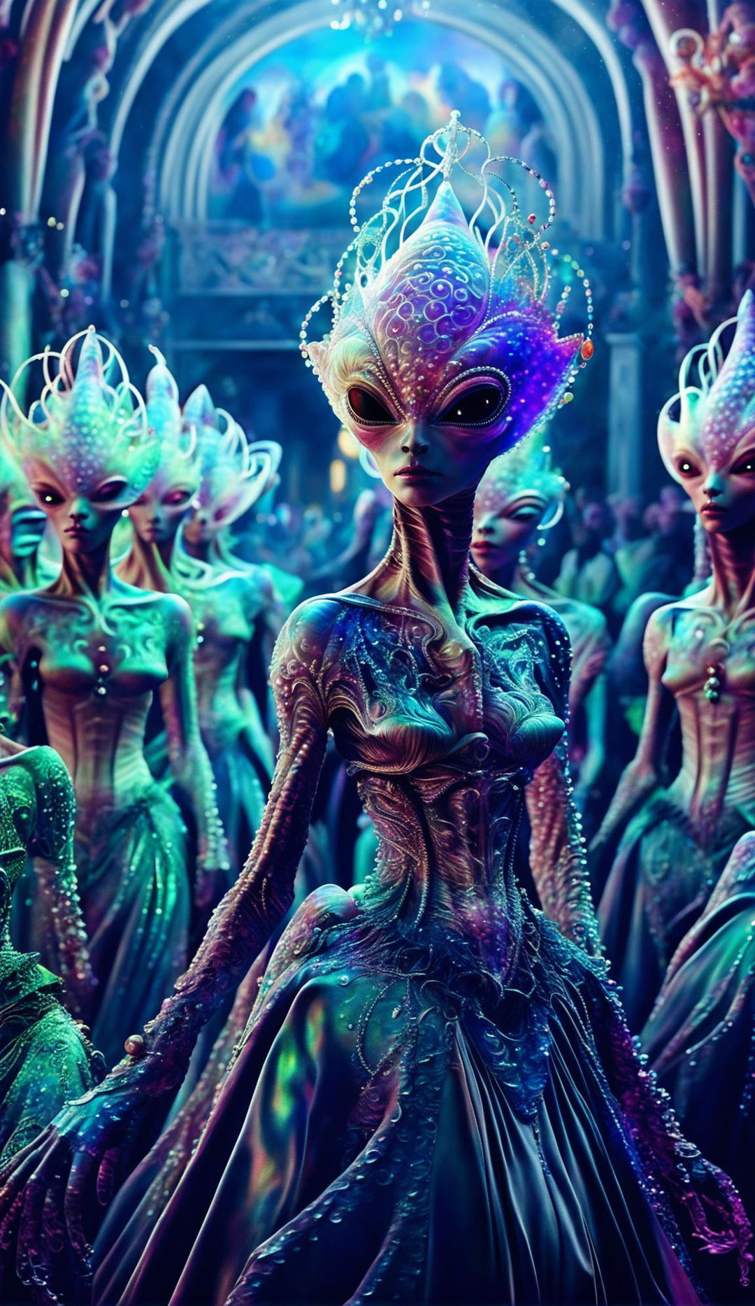 Iridescent aliens in Baroque attire dancing at a grand ball in a palace under a vibrant alien sky.