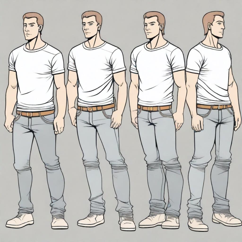 A detailed, high-quality graphic novella style illustration of a 30-year-old Caucasian male character reference sheet