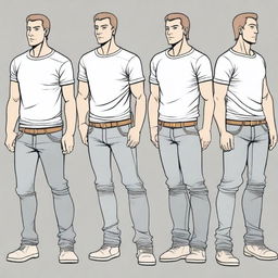 A detailed, high-quality graphic novella style illustration of a 30-year-old Caucasian male character reference sheet