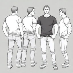 A detailed, high-quality graphic novella style illustration of a 30-year-old Caucasian male character reference sheet