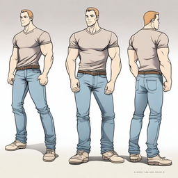 A detailed, high-quality graphic novella style illustration of a 30-year-old Caucasian male character reference sheet