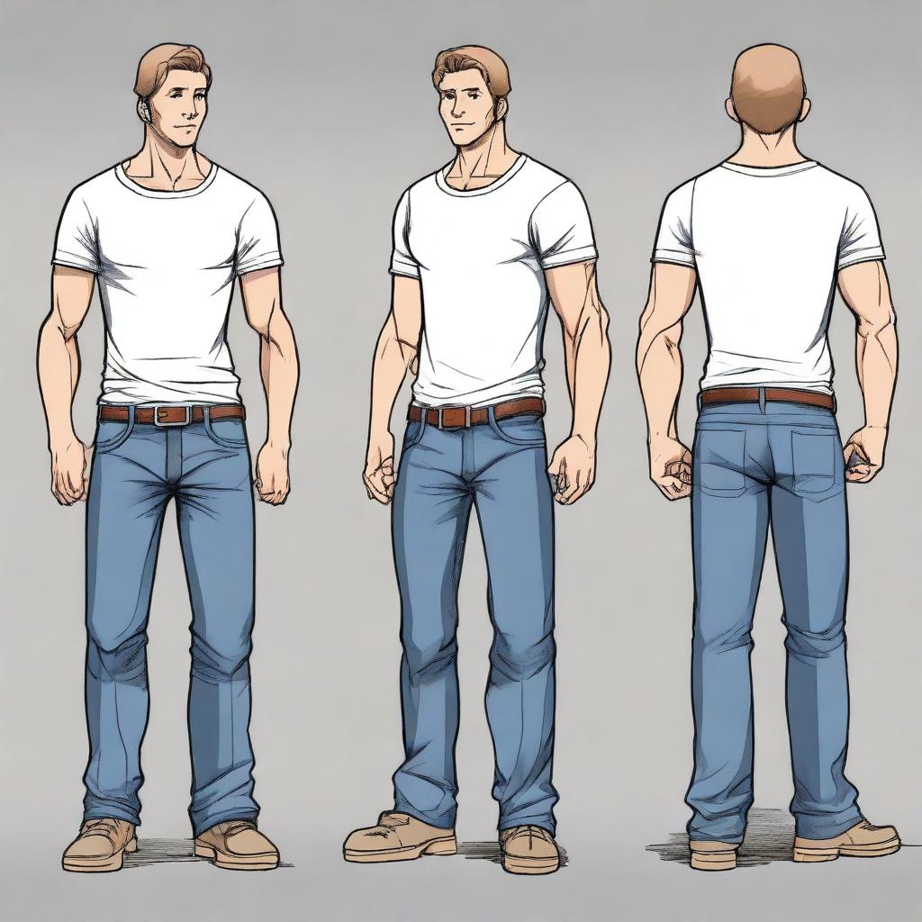 A detailed, high-quality graphic novella style illustration of a 30-year-old Caucasian male character reference sheet