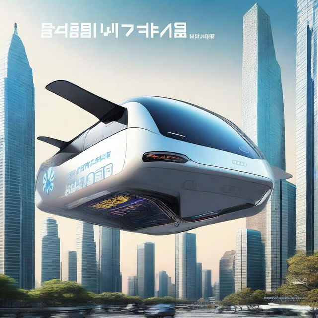 A high-quality digital art image depicting a futuristic flying bus, adorned with the Korean text '군산대학교'