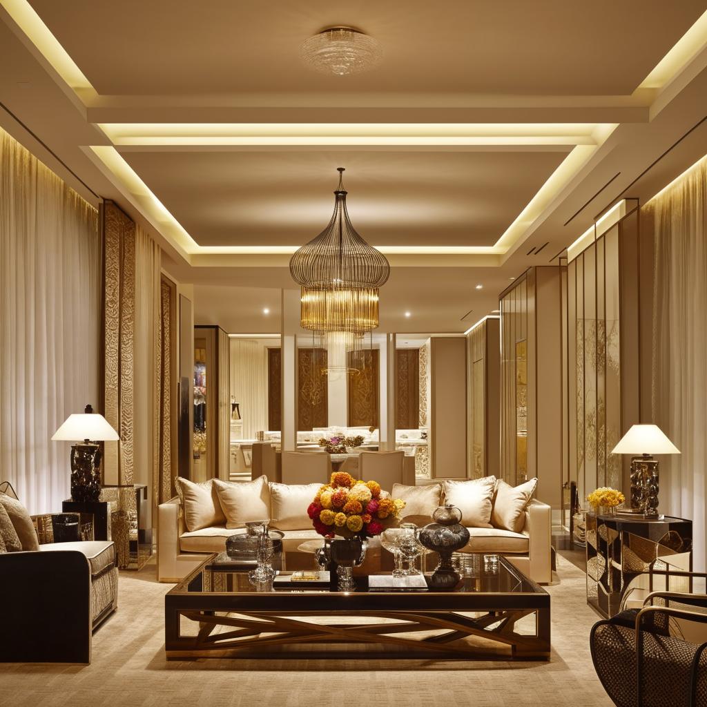 Exquisite modern living room interior with luxurious furnishings, ambient lighting, and elegant decor.