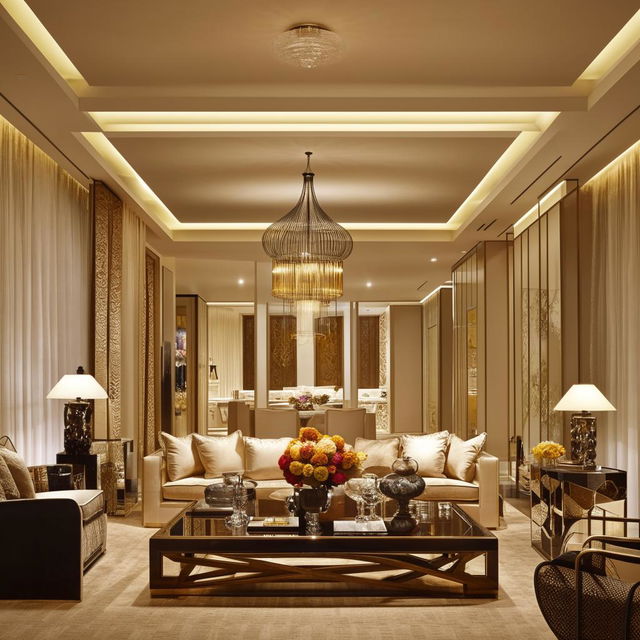 Exquisite modern living room interior with luxurious furnishings, ambient lighting, and elegant decor.