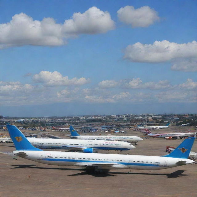 A broad daytime view of Jomo Kenyatta International Airport in Nairobi, with aircrafts parked, the terminal buildings in sight, and the majestic African blue sky in the background.