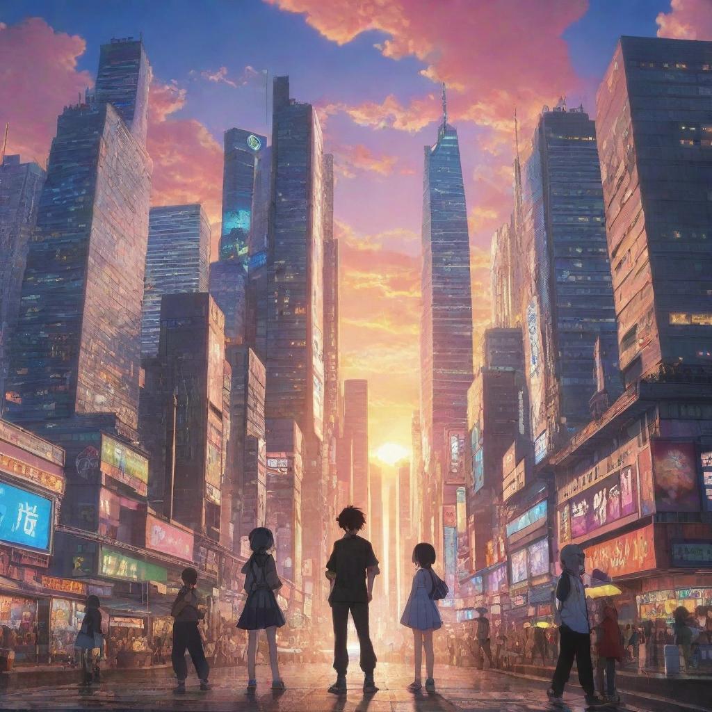 An intricate anime scene with well-detailed characters in dynamic poses, set in a fantastical city skyline with a vibrant sunset backdrop.