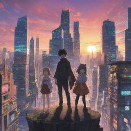 An intricate anime scene with well-detailed characters in dynamic poses, set in a fantastical city skyline with a vibrant sunset backdrop.