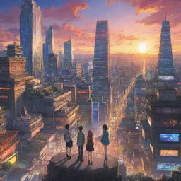 An intricate anime scene with well-detailed characters in dynamic poses, set in a fantastical city skyline with a vibrant sunset backdrop.