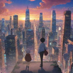 An intricate anime scene with well-detailed characters in dynamic poses, set in a fantastical city skyline with a vibrant sunset backdrop.