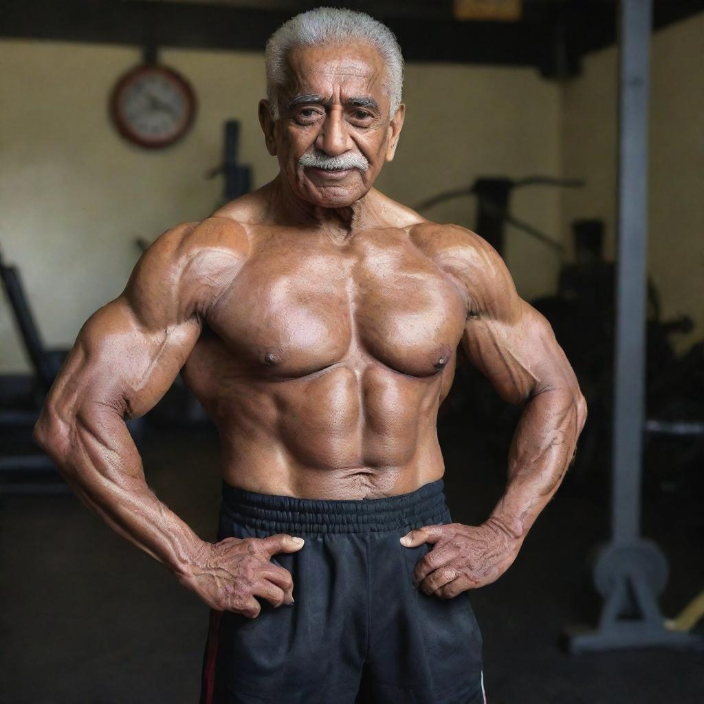 A 100-year-old bodybuilder named Kamal Hasan, showing impressive muscle definition, strength, and vigor for his age, against a gym backdrop.