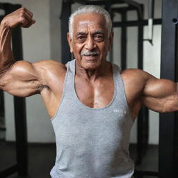 A 100-year-old bodybuilder named Kamal Hasan, showing impressive muscle definition, strength, and vigor for his age, against a gym backdrop.