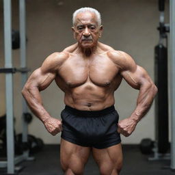 A 100-year-old bodybuilder named Kamal Hasan, showing impressive muscle definition, strength, and vigor for his age, against a gym backdrop.