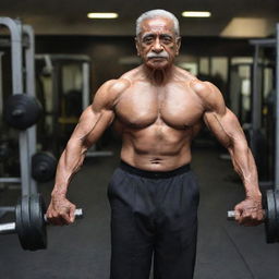 A 100-year-old bodybuilder named Kamal Hasan, showing impressive muscle definition, strength, and vigor for his age, against a gym backdrop.