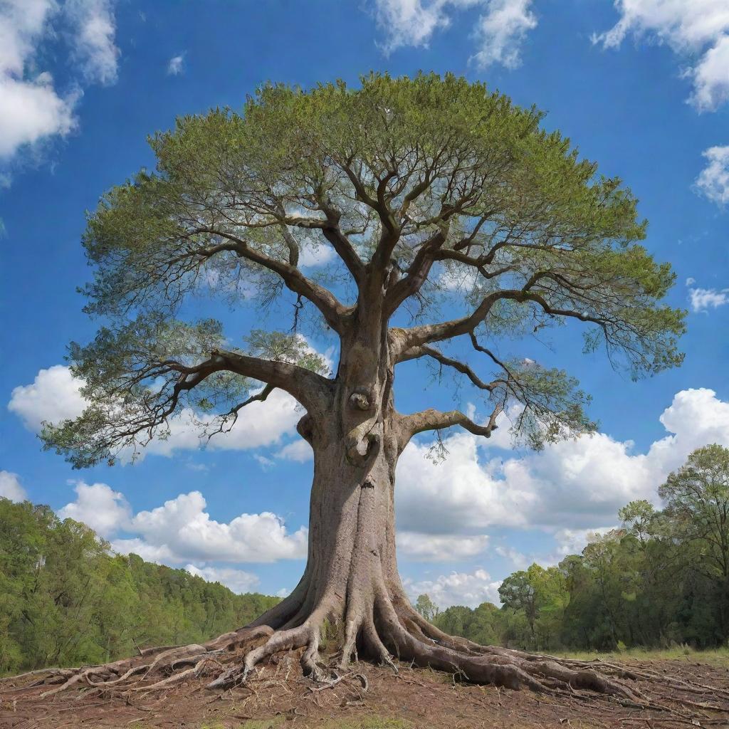 A tall, mature tree, roots and all, floating majestically against a beautiful blue sky with fluffy white clouds