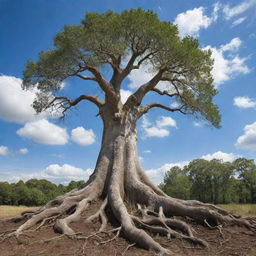 A tall, mature tree, roots and all, floating majestically against a beautiful blue sky with fluffy white clouds