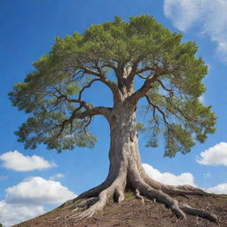 A tall, mature tree, roots and all, floating majestically against a beautiful blue sky with fluffy white clouds