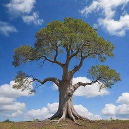 A tall, mature tree, roots and all, floating majestically against a beautiful blue sky with fluffy white clouds