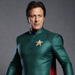 A hyper-realistic image of the former prime minister of Pakistan, Imran Khan, dressed in an Avengers suit, embodying a determined and resolute stance, expressing that he will not surrender.