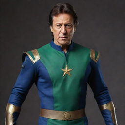 A hyper-realistic image of the former prime minister of Pakistan, Imran Khan, dressed in an Avengers suit, embodying a determined and resolute stance, expressing that he will not surrender.