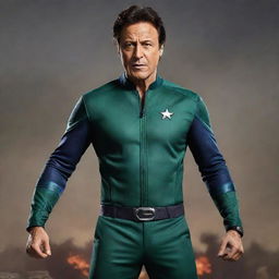 A hyper-realistic image of the former prime minister of Pakistan, Imran Khan, dressed in an Avengers suit, embodying a determined and resolute stance, expressing that he will not surrender.