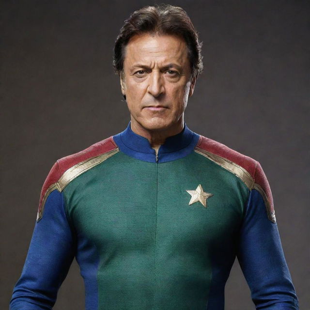 A hyper-realistic image of the former prime minister of Pakistan, Imran Khan, dressed in an Avengers suit, embodying a determined and resolute stance, expressing that he will not surrender.