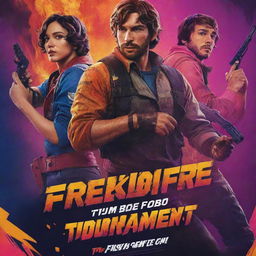 A dynamic, action-packed poster for a Free Fire video game tournament, featuring vibrant colors, intense character visuals, and bold typography on a backdrop of an intense game scene. Include relevant competition details and game logos.