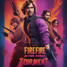 A dynamic, action-packed poster for a Free Fire video game tournament, featuring vibrant colors, intense character visuals, and bold typography on a backdrop of an intense game scene. Include relevant competition details and game logos.