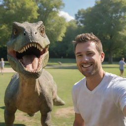 A man taking a selfie with a realistic, friendly dinosaur in a sunny park environment.