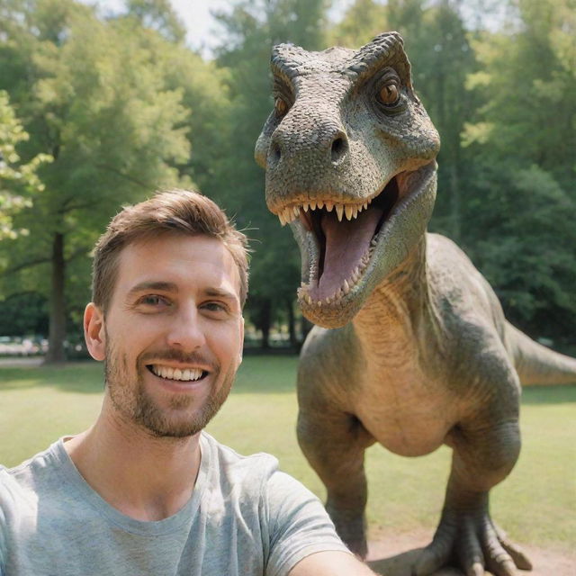 A man taking a selfie with a realistic, friendly dinosaur in a sunny park environment.