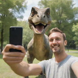 A man taking a selfie with a realistic, friendly dinosaur in a sunny park environment.