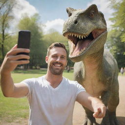 A man taking a selfie with a realistic, friendly dinosaur in a sunny park environment.