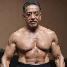 Kamal Haasan envisioned as a 100-year old bodybuilder, showcasing muscular physique despite his old age