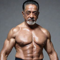 Kamal Haasan envisioned as a 100-year old bodybuilder, showcasing muscular physique despite his old age