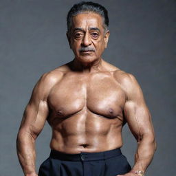 Kamal Haasan envisioned as a 100-year old bodybuilder, showcasing muscular physique despite his old age