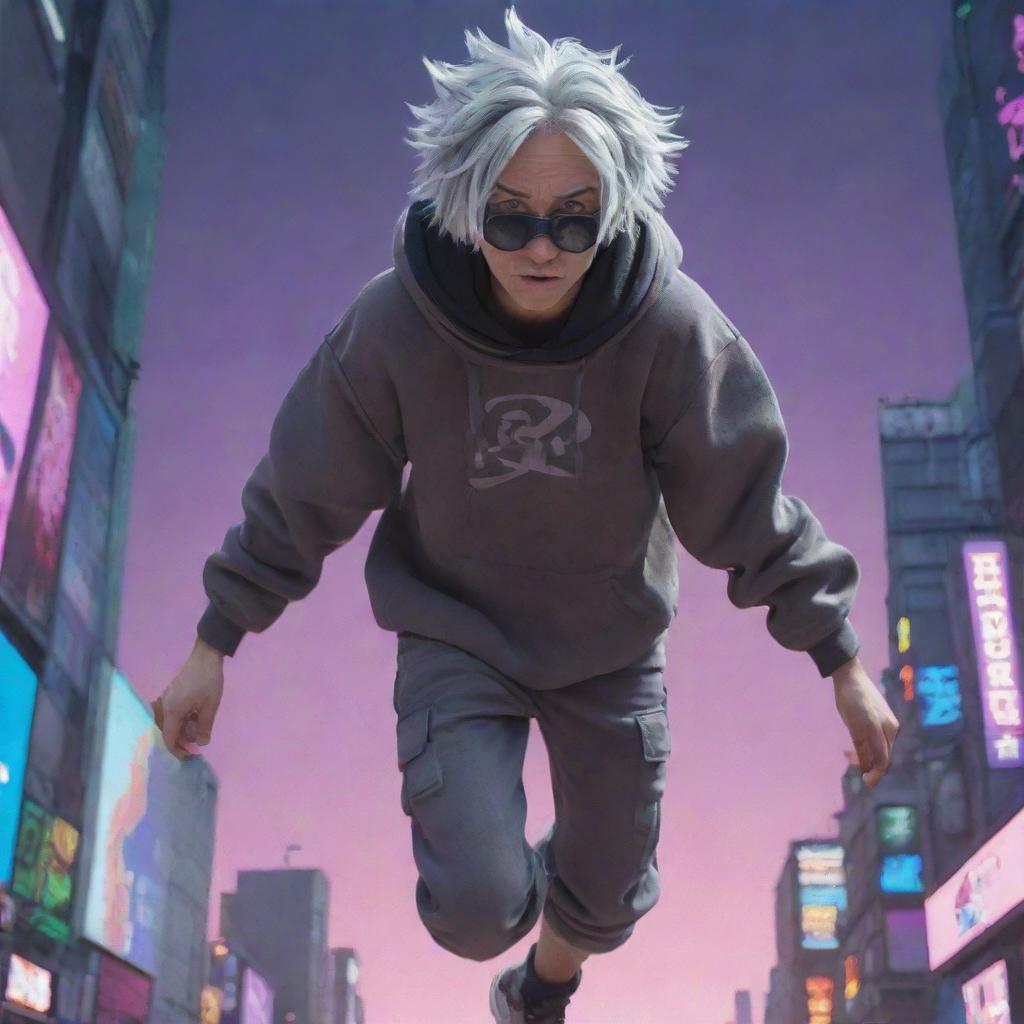 A 27 year old Anime Disney Pixar animation character with gray hair, wearing a Majin hoodie and a mask, falling from space in a cyberpunk setting