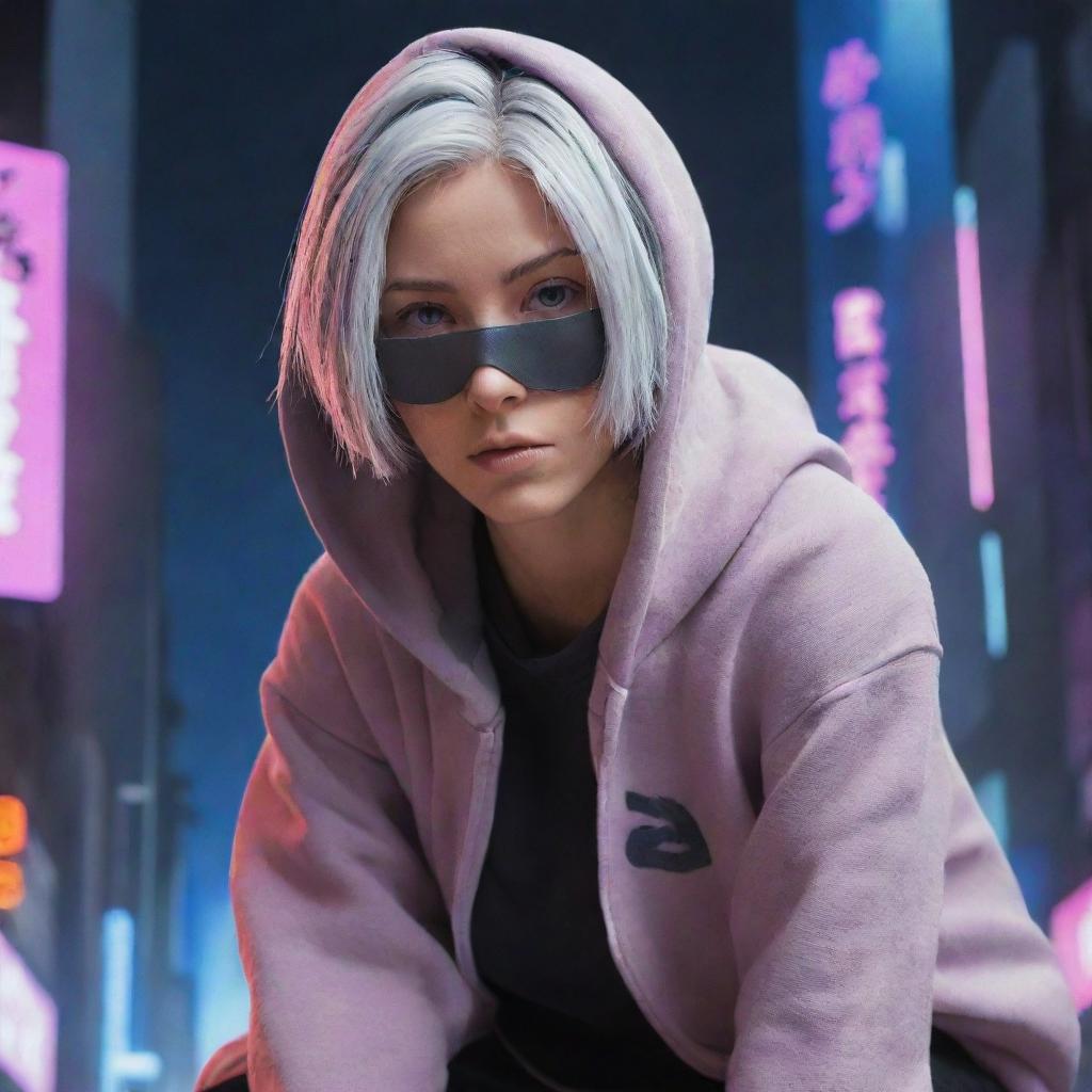 A 27 year old Anime Disney Pixar animation character with gray hair, wearing a Majin hoodie and a mask, falling from space in a cyberpunk setting