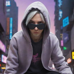 A 27 year old Anime Disney Pixar animation character with gray hair, wearing a Majin hoodie and a mask, falling from space in a cyberpunk setting